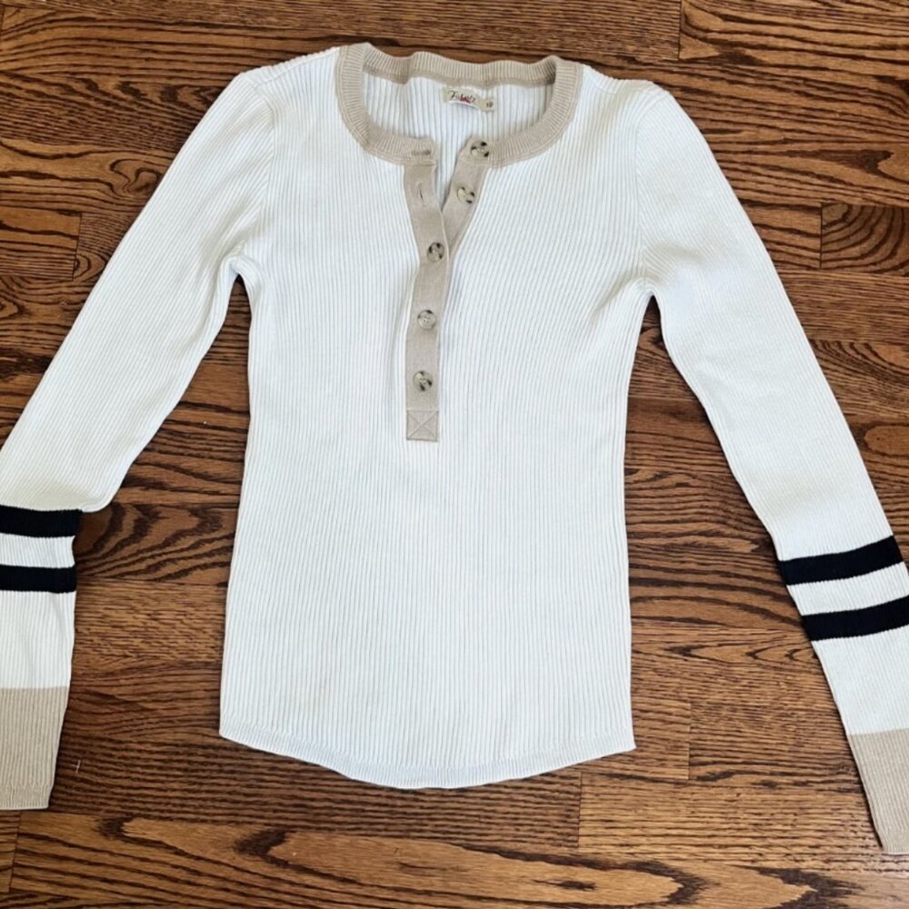 Faherty White Organic Cotton Cashmere Blend Varsity Stripe Mikki Henley Top Sz S